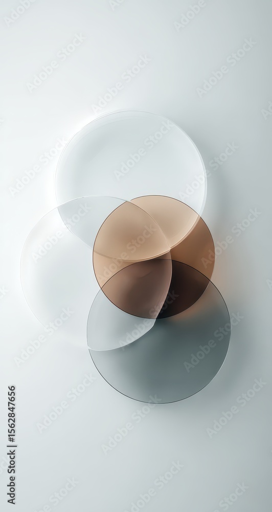 Poster translucent circles overlap, creating an abstract composition of varying shades of gray and brown ag