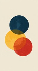 Three overlapping circles in shades of red, yellow, and blue on a beige background, evoking a sense of balance and simplicity