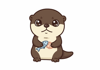Cute cartoon otter holding a fish and shellfish with brown fur and beige tummy isolated