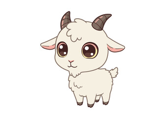 Cute cartoon goat with big eyes small horns and fluffy white fur