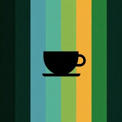 Silhouette of a coffee cup and saucer on a vertically striped background of muted greens, blues, and yellows