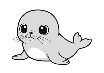 Cute cartoon seal illustration in light gray outlined in black