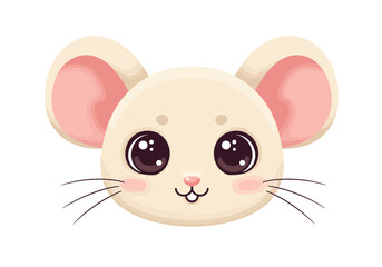 Cute mouse face with big eyes pink ears and whiskers against a white background