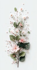 Delicate pink and white blossoms arranged vertically on a light background, interspersed with small berries and leaves