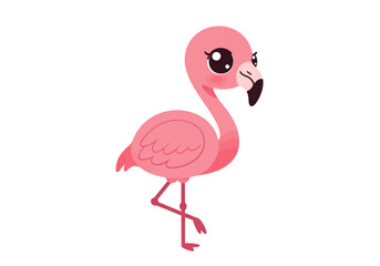 Cute pink cartoon flamingo standing on one leg with big eyes and a curved neck