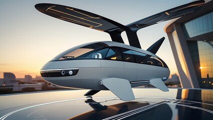 Sunset Rooftop Scene with Futuristic Flying Car – Modern Aerial Transportation Design