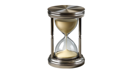 Elegant silver hourglass with golden sand flowing through transparent glass against a black background