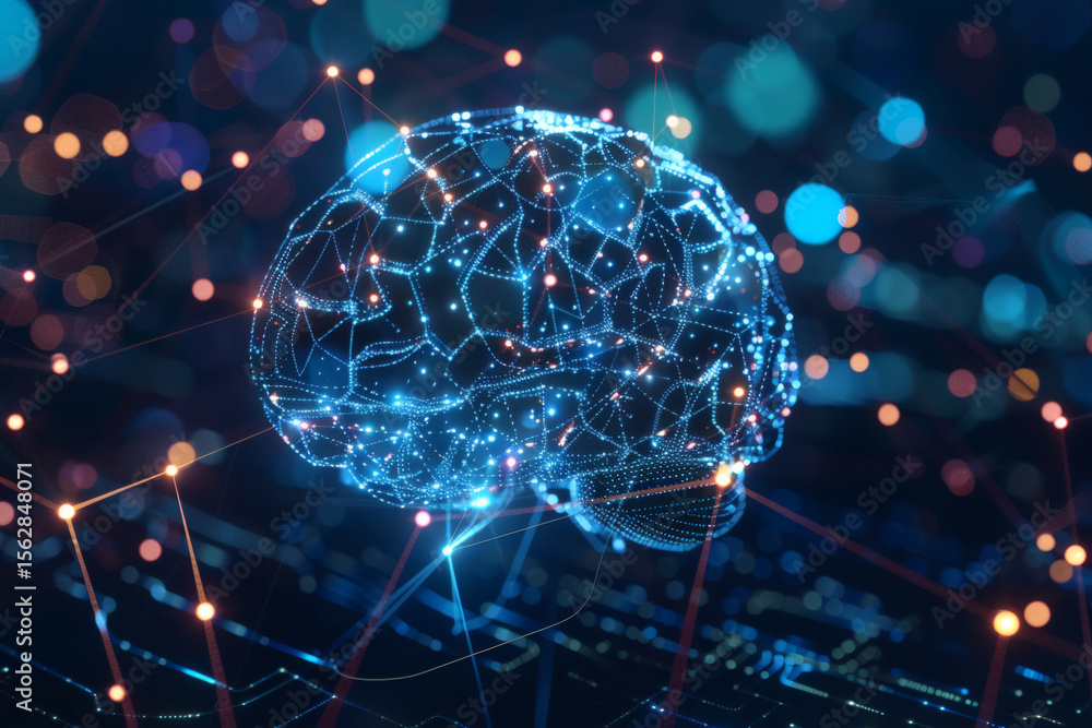Wall mural ai_brain_network_connections a glowing neural network in the shape of a human brain, with lines and 