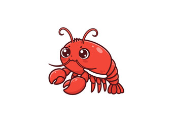 Red cartoon lobster with large eyes claws and antennae on a white background
