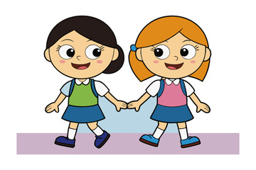 Happy Schoolgirls Walking Together: Two cheerful schoolgirls, one with black hair and one with orange hair, hold hands and walk together happily.  