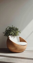 Sculptural wooden chair with a curved, minimalist design, featuring a light-colored cushion and a small potted plant resting on top. Sunlight illuminates the scene
