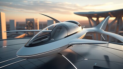 Advanced Flying Vehicle Parked on Rooftop Helipad – Urban Air Transit at Sunset