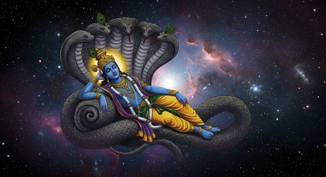 Celestial Serenity Artistic depiction of a divine figure reclining upon a multi-headed serpent amidst a galaxy of stars and celestial wonders