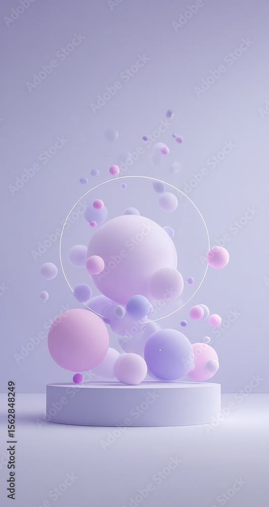 Poster Pastel spheres, varying sizes, float around a minimalist white cylindrical pedestal against a soft lilac backdrop; a thin white circle frames the central cluster