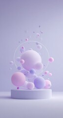 Pastel spheres, varying sizes, float around a minimalist white cylindrical pedestal against a soft lilac backdrop; a thin white circle frames the central cluster