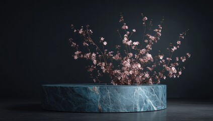 Dark teal marble cylindrical pedestal with delicate pink blossoms emerging from its center, set against a moody backdrop