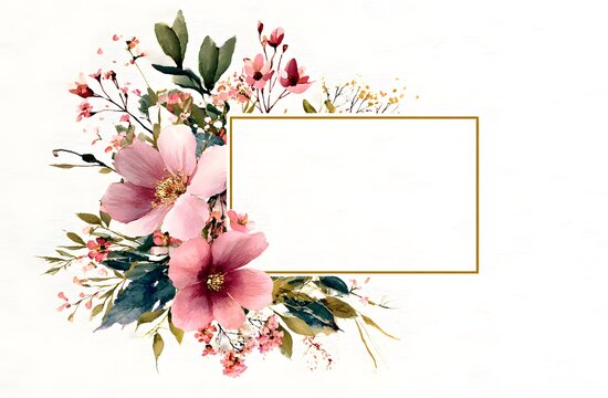 Watercolor floral frame, with pink flowers and greenery surrounding a white rectangle with a gold border on a plain background.