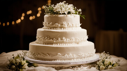 Fototapeta premium Elegant wedding cake adorned with floral decorations under soft overhead lighting.