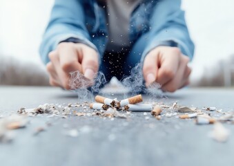 Close-up of a woman&rsquo;s hand breaking cigarettes, symbolizing the destruction of smoking habits and promoting health.