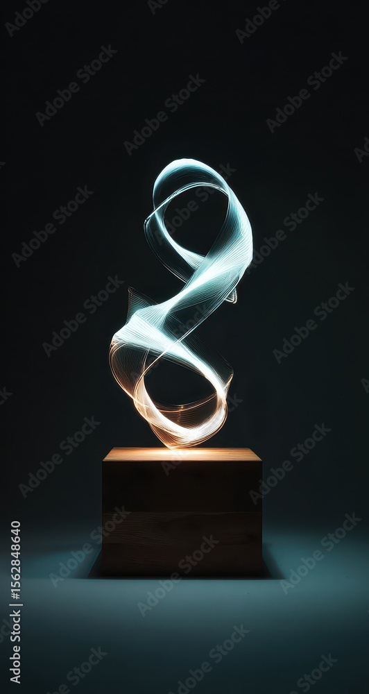 Poster glowing cyan energy swirls atop a dark wooden cube against a deep teal background, creating an ether