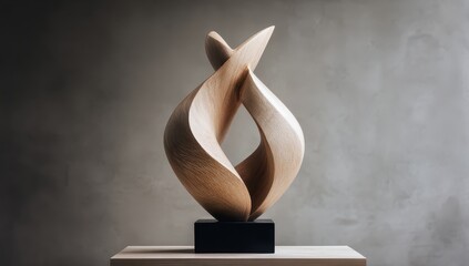 Abstract wooden sculpture, light oak, flowing, intertwined forms on a dark base, minimalist design