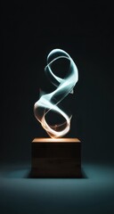 Glowing cyan energy swirls atop a dark wooden cube against a deep teal background, creating an ethereal, abstract sculpture