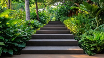 Pathway of stone steps through lush tropical garden