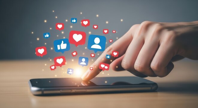 Person using a smartphone with social media likes and follower icons floating around