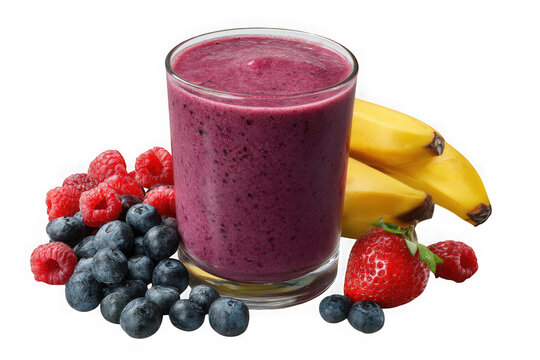 Healthy berry banana smoothie with fresh fruits isolated on transparent background