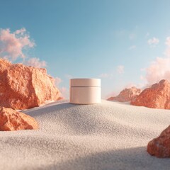 A minimalist cream jar sits on a small dune amidst rosy-hued rocks under a bright, clear sky