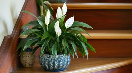 Peace lily plant on wooden staircase