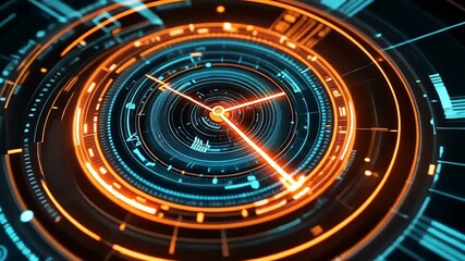 Futuristic digital clock interface displaying intricate neon patterns and glowing elements in motion - Powered by Adobe