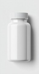 A blank, white, plastic pill bottle with a white screw-on lid sits on a plain white background