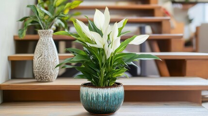 Peace Lily plant on wooden stairs