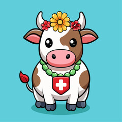 Adorable cartoon cow adorned with a vibrant flower crown and a swiss cheese pattern