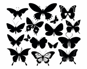 Vector art of a collection of black butterfly silhouettes isolated on white background, showcasing various wing patterns