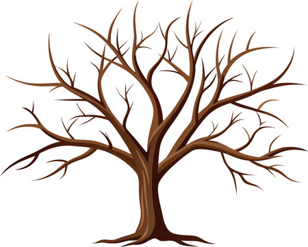 Vector art of a bare tree with brown branches stands isolated on white background, a symbol of winter or autumn