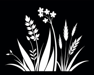 Vector art of white flowers and grass plants isolated on a black background