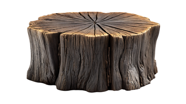 A weathered aged and cracked wooden tree stump with a dark textured surface isolated on a black background