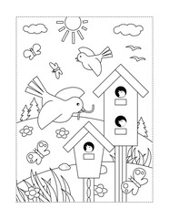 Coloring page with birdhouses and birds feeding their nestlings


