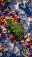 Mossy rock surrounded by colorful flower petals floating in water reflecting sky