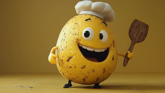 A happy potato chef character with an eager smile