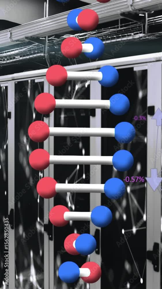 Poster animation of dna structure spinning over network of connections against computer server room