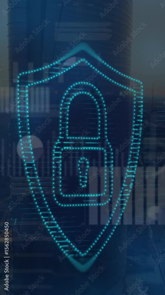 Poster animation of security padlock icon and screens with data processing over aerial view of cityscape