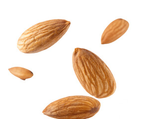 Falling almonds on transparent background.