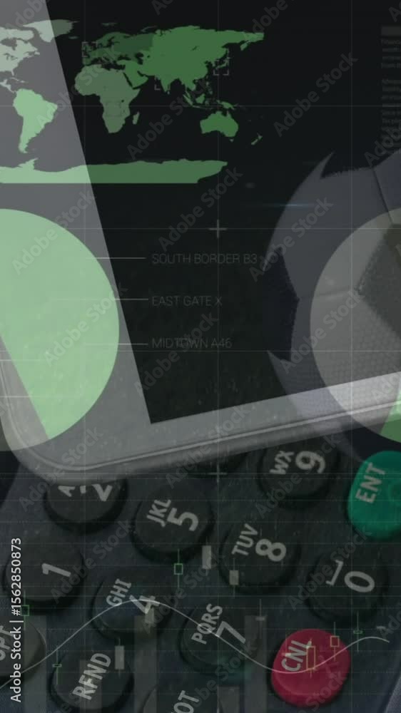 Poster animation of financial data processing over smartphone and payment terminal