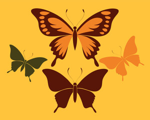 Vector art of a group of colorful butterflies with different wing patterns are arranged on a yellow background