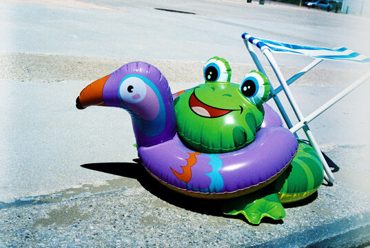 inflatable toucan and frog on the pavement, 35mm