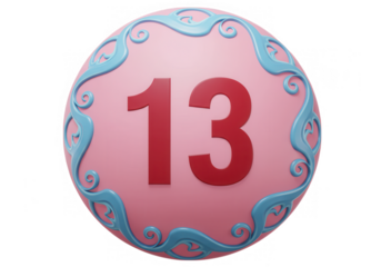 A pink ball with the number thirteen and blue decorative swirls isolated on transparent background