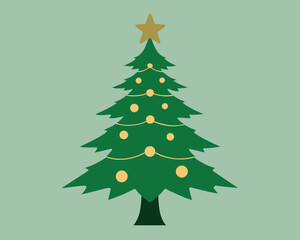 Vector art of a decorated christmas tree with a gold star on top stands against a light green background